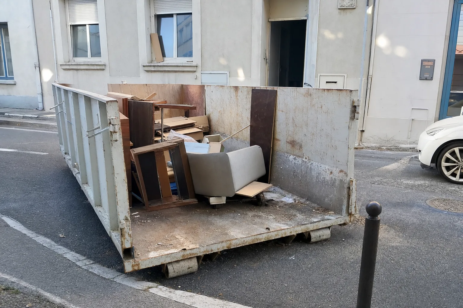 Benne remplie de meubles et de cartons dans une rue
