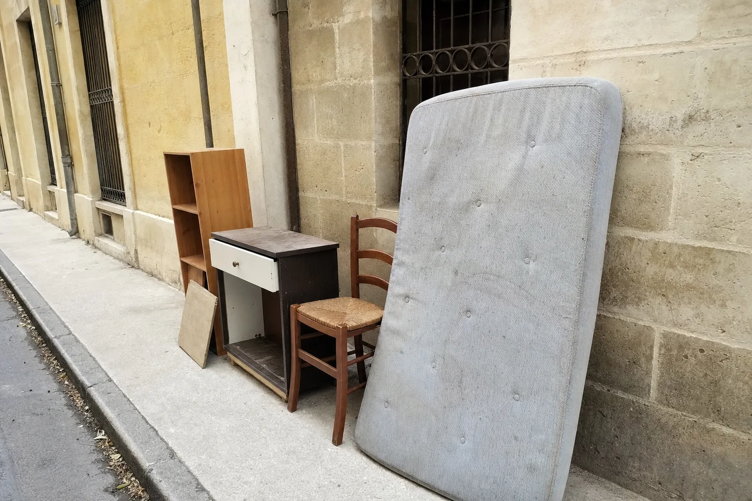Encombrants déposés le long d'un mur dans une rue