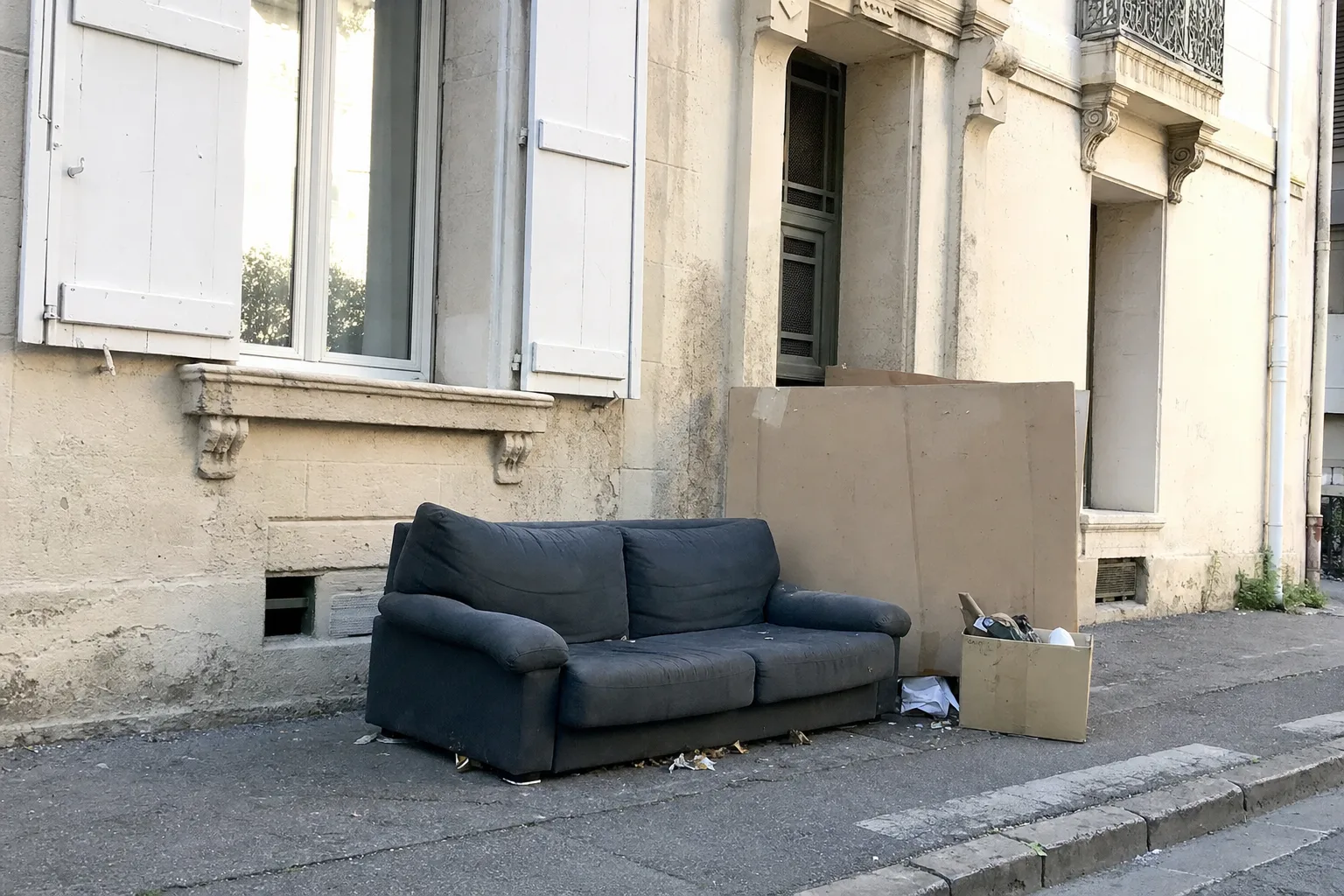 Encombrants déposés sur un trottoir devant un immeuble