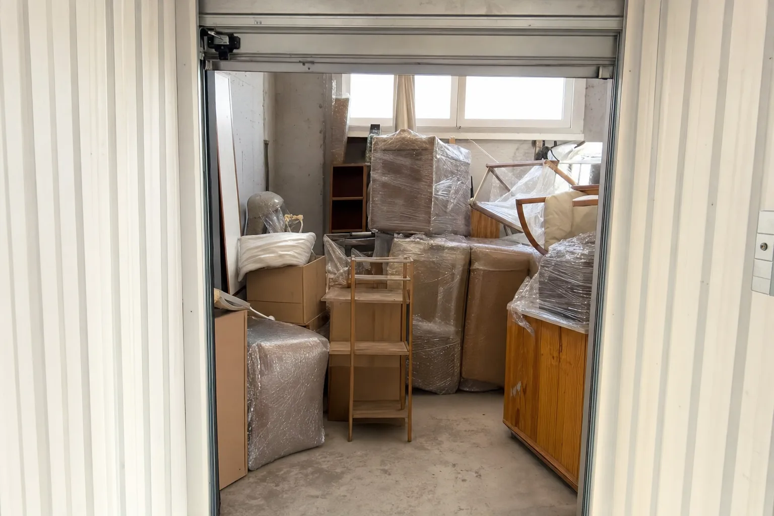 Box de garde-meuble rempli de meubles et de cartons
