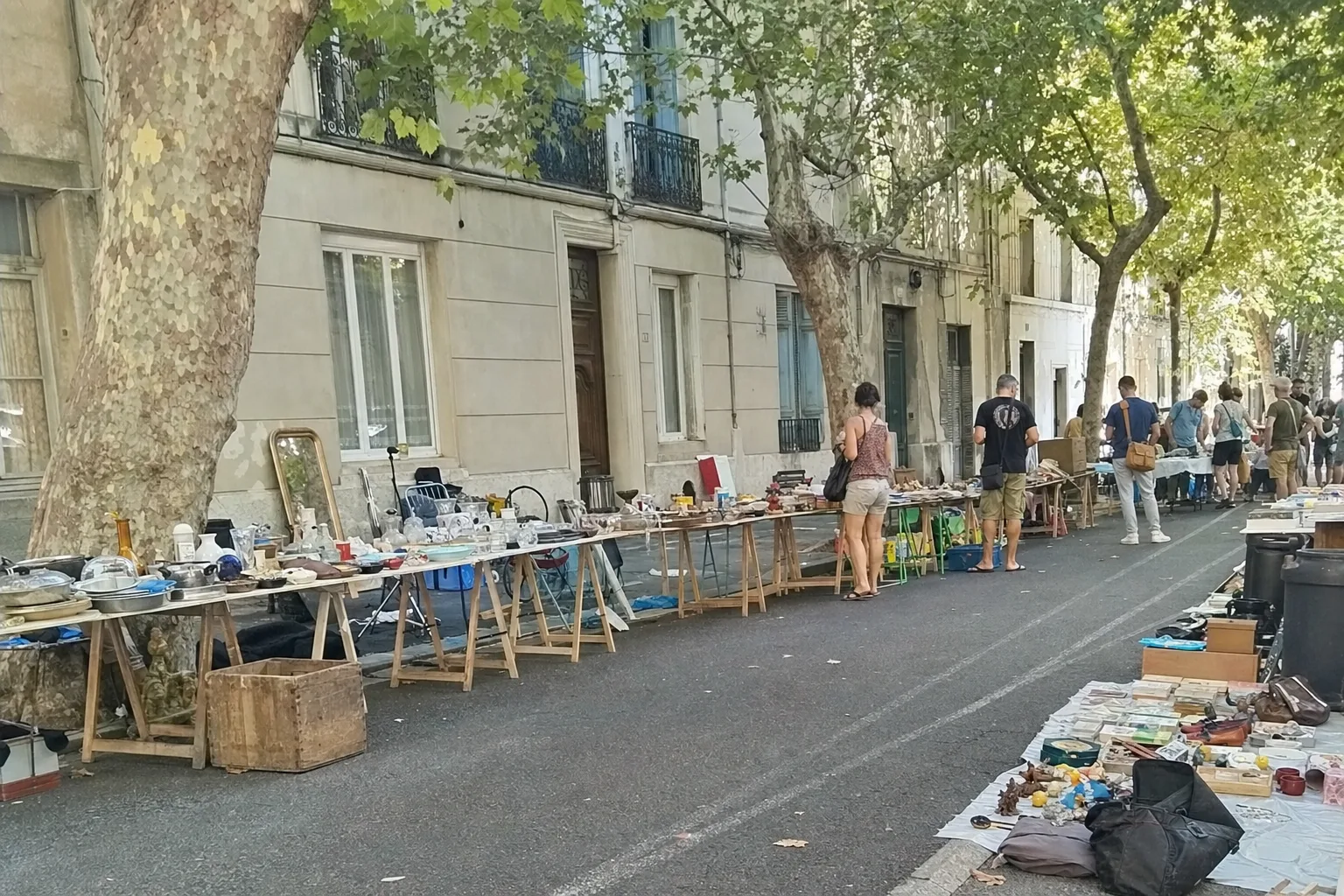 Vide-grenier dans une rue bordée de platanes